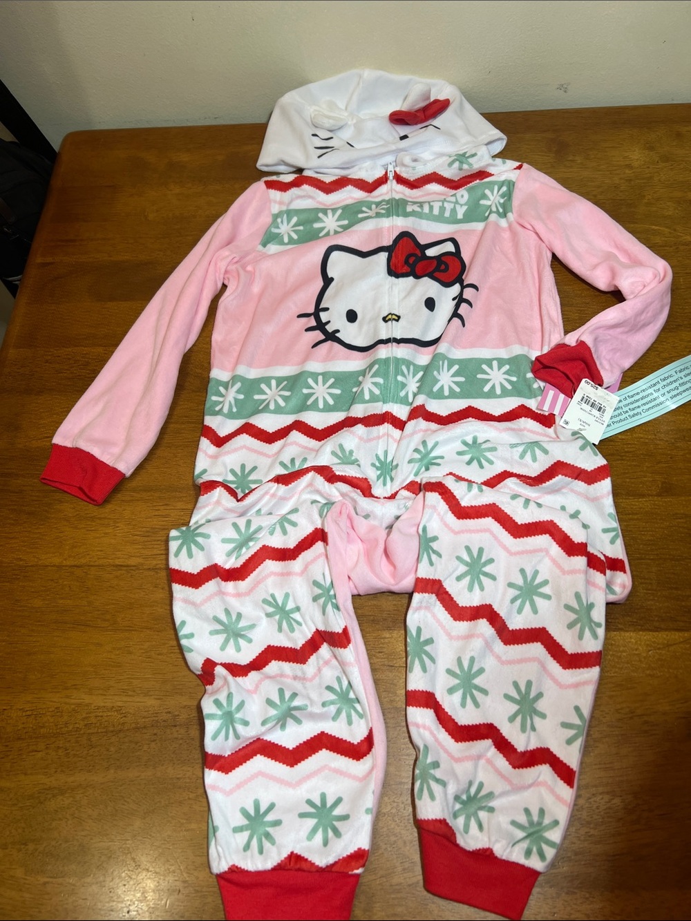 Hello Kitty Pink, Red & White Fleece Hooded One-Piece Pajama Size S 6/6X